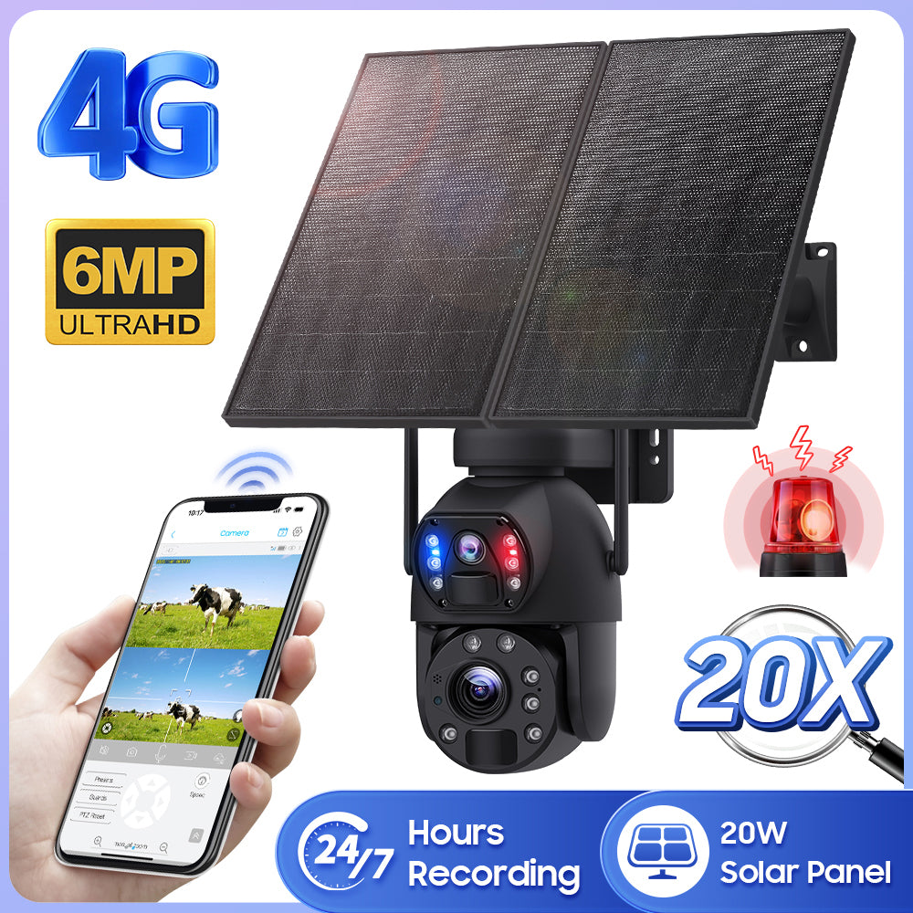 Black dual-lens PTZ security camera with two large solar panels, shown next to a smartphone displaying a camera feed.