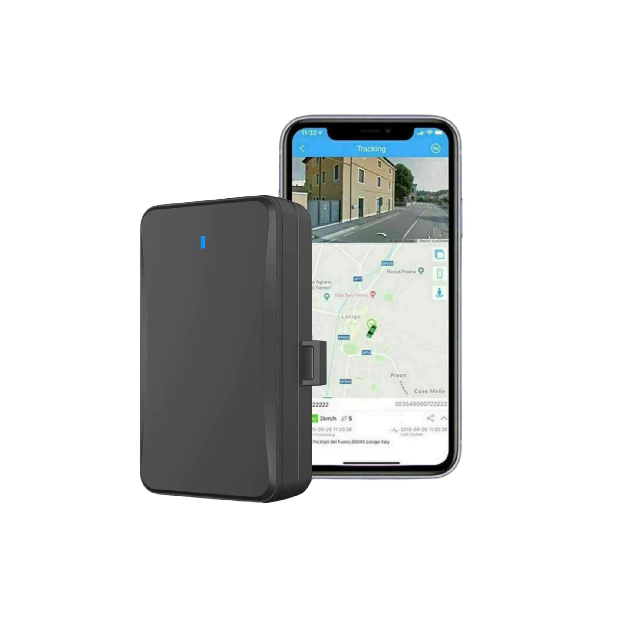 A matte black GPS Tracker standing upright beside a smartphone displaying the Tracksolid Pro app. - Sentriwise