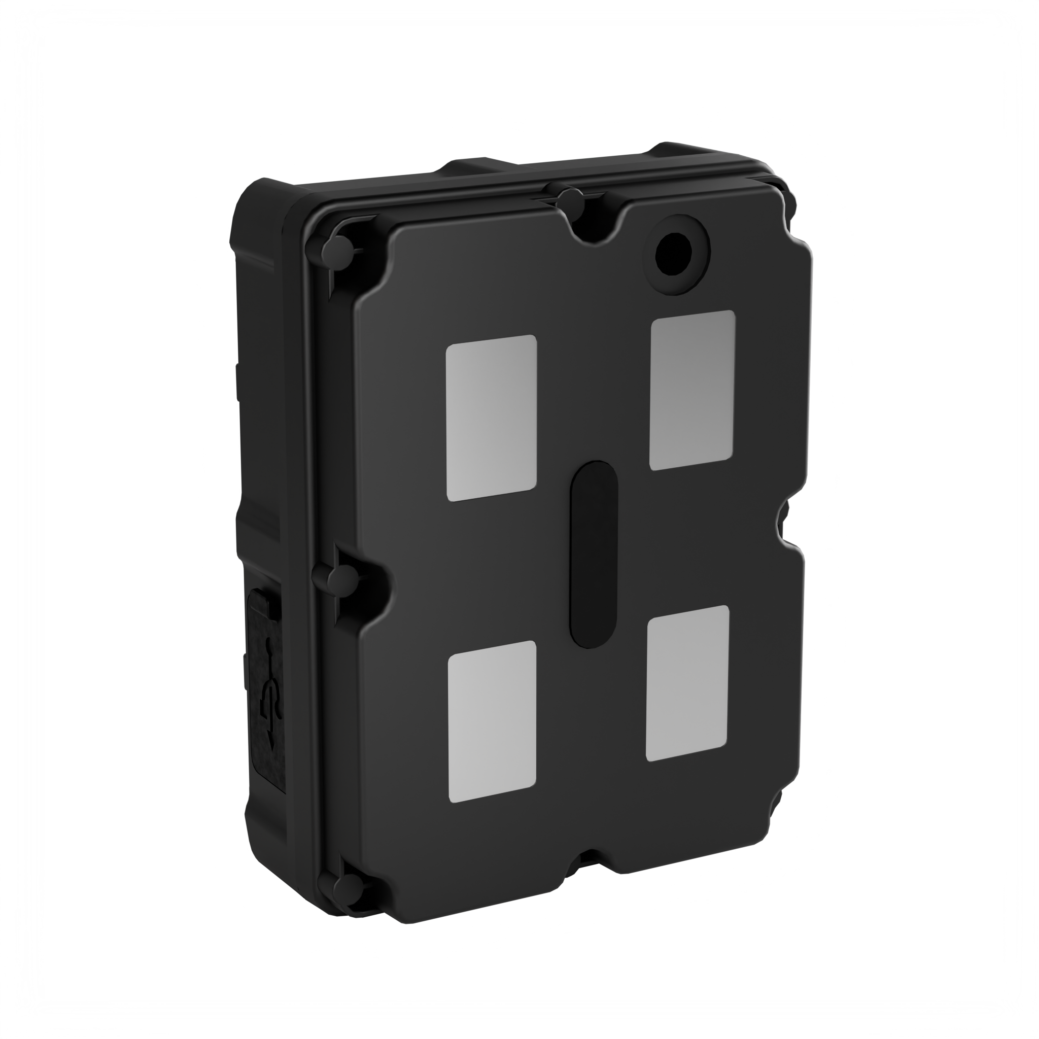 Single black rectangular device with four silver magnetic panels and a small round hole, shown on a black background.