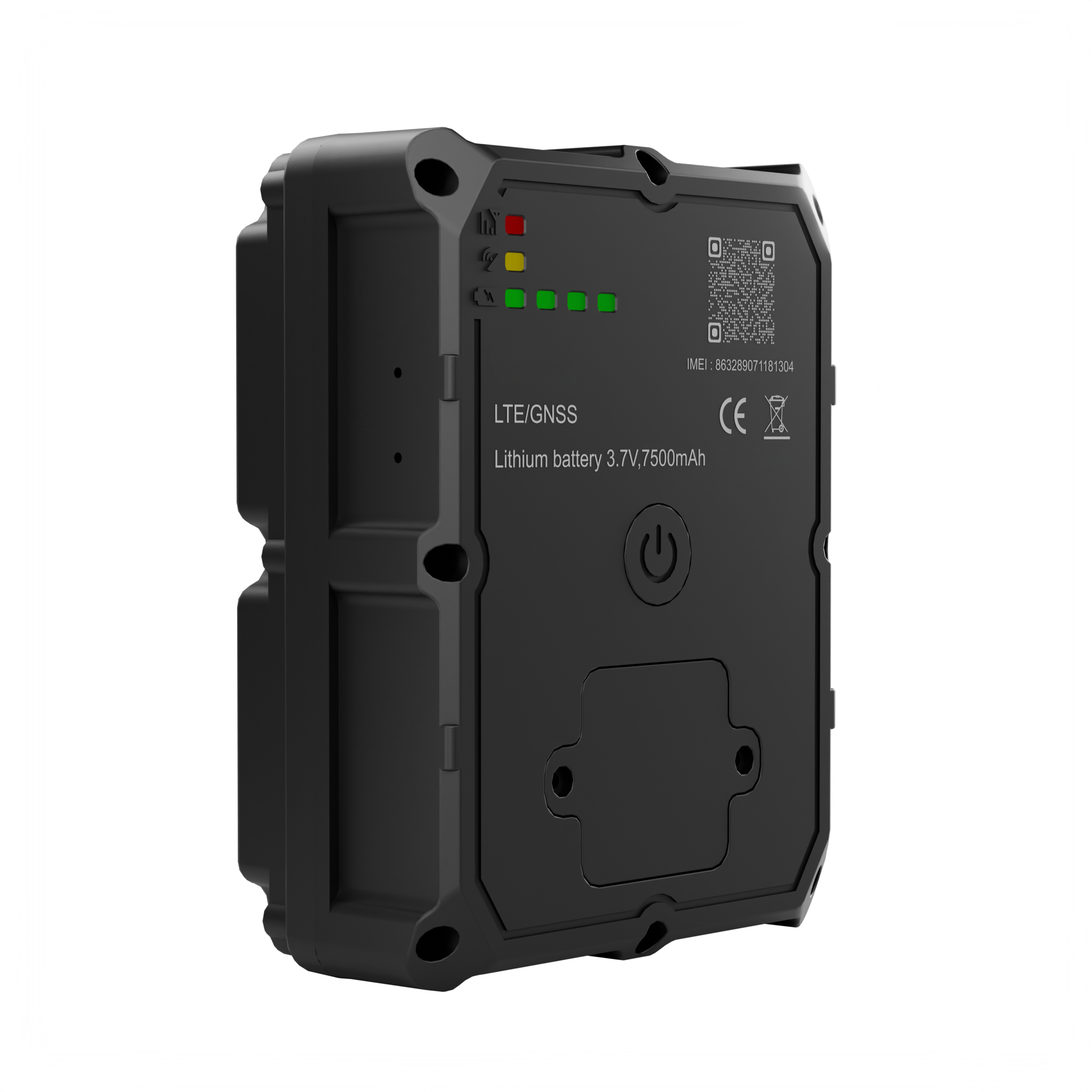 Black rectangular GPS tracker device with indicator lights, power button, and battery details on the back.