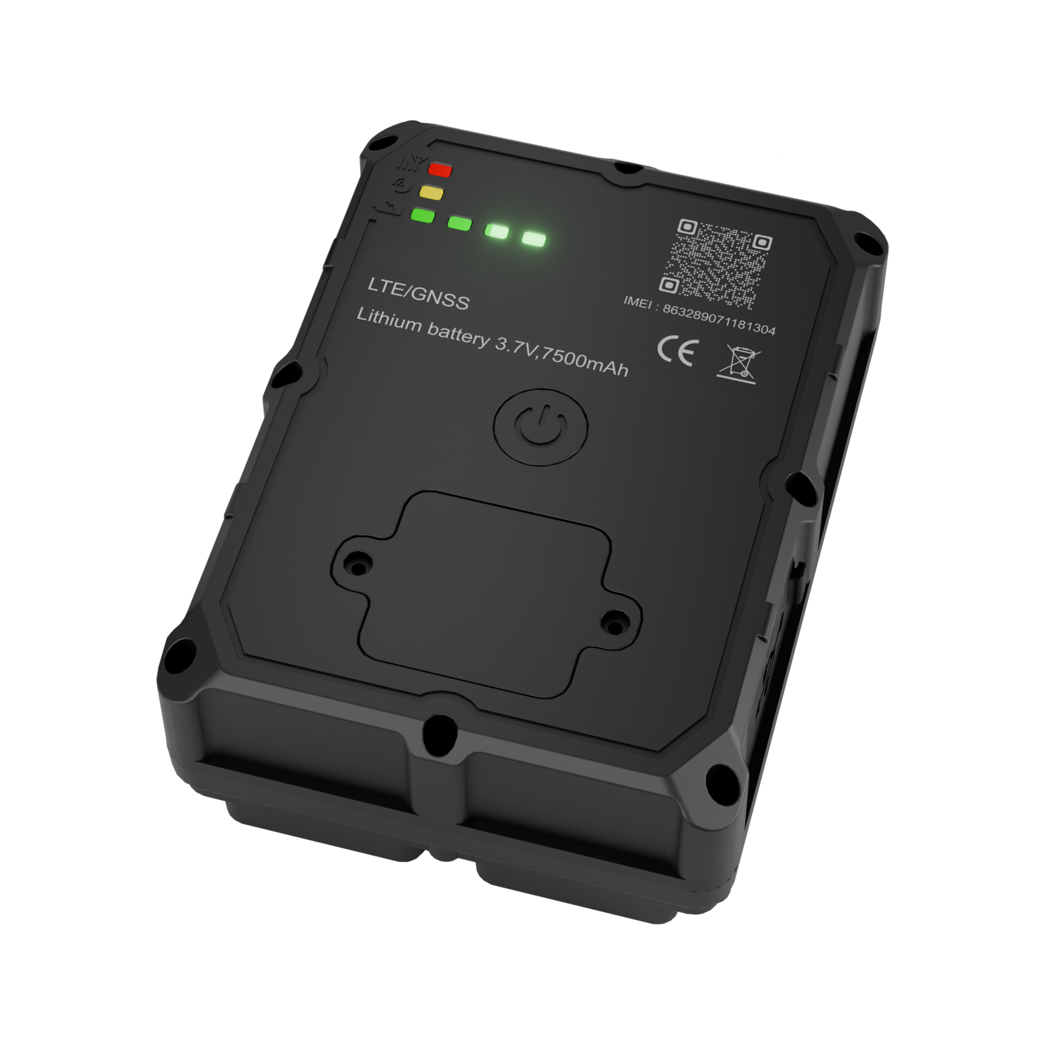 Rectangular black GPS tracker device with indicator lights and printed battery specifications on top.