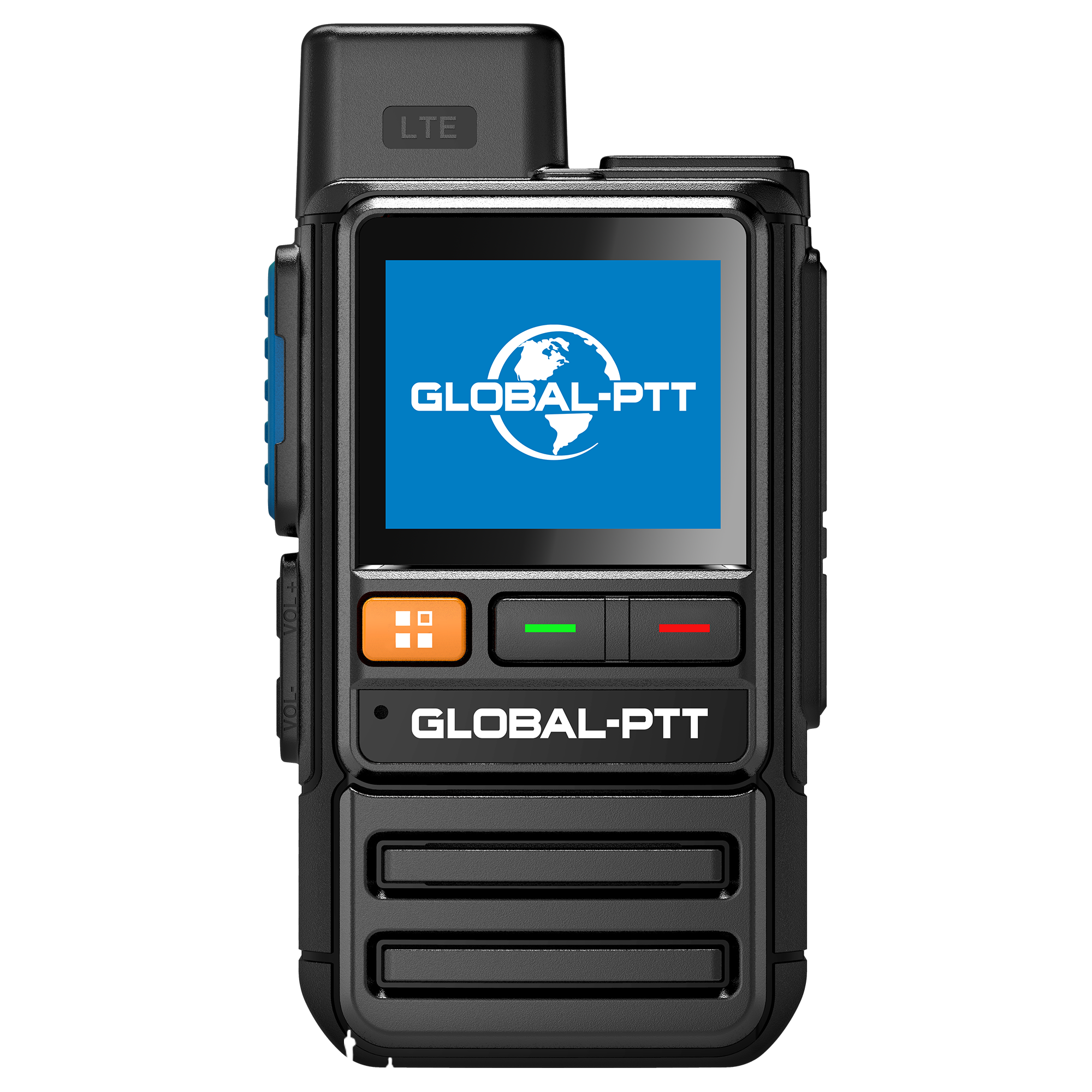 One black handheld device with blue screen showing GLOBAL-PTT globe logo, orange button and LTE badge.