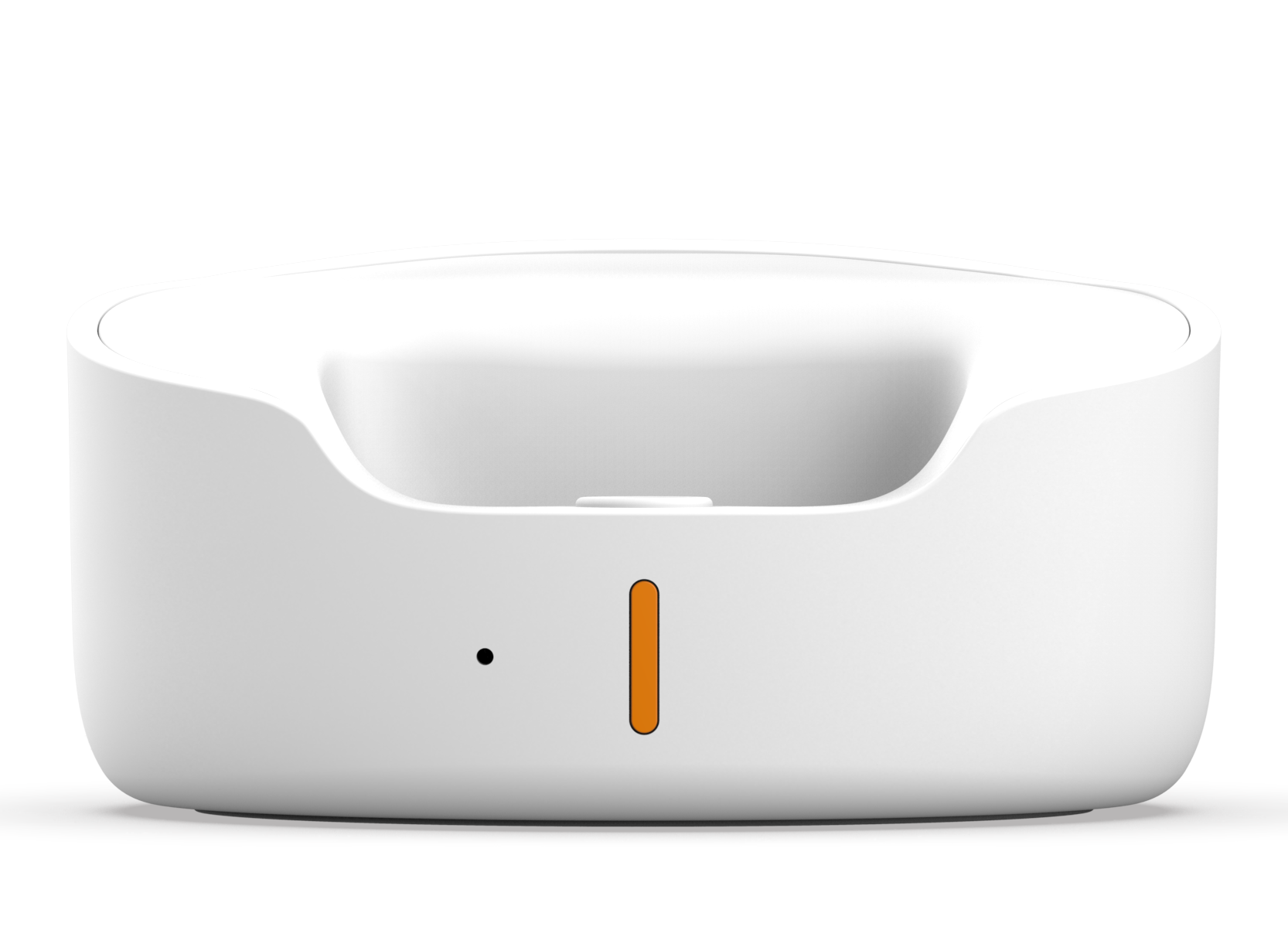 Single white charging base with a curved design, black dot, and orange vertical indicator on the front.