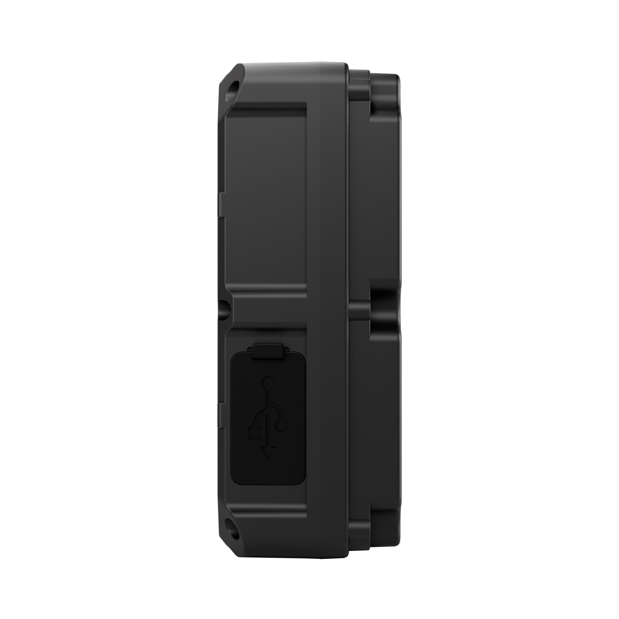 Side view of a single black rectangular GPS tracker with a visible USB port cover.