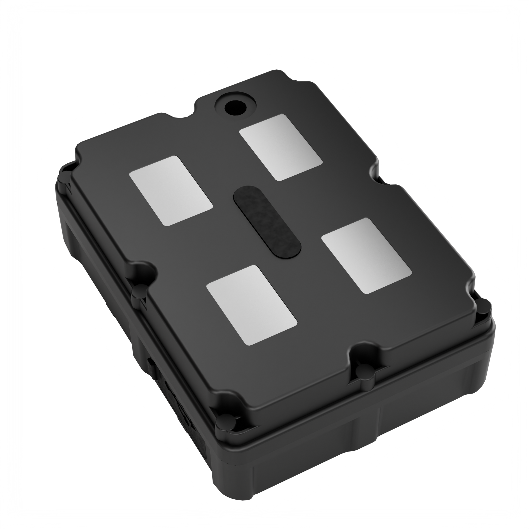 Single black rectangular device with four silver metallic squares and a round hole on one corner, against a black background.