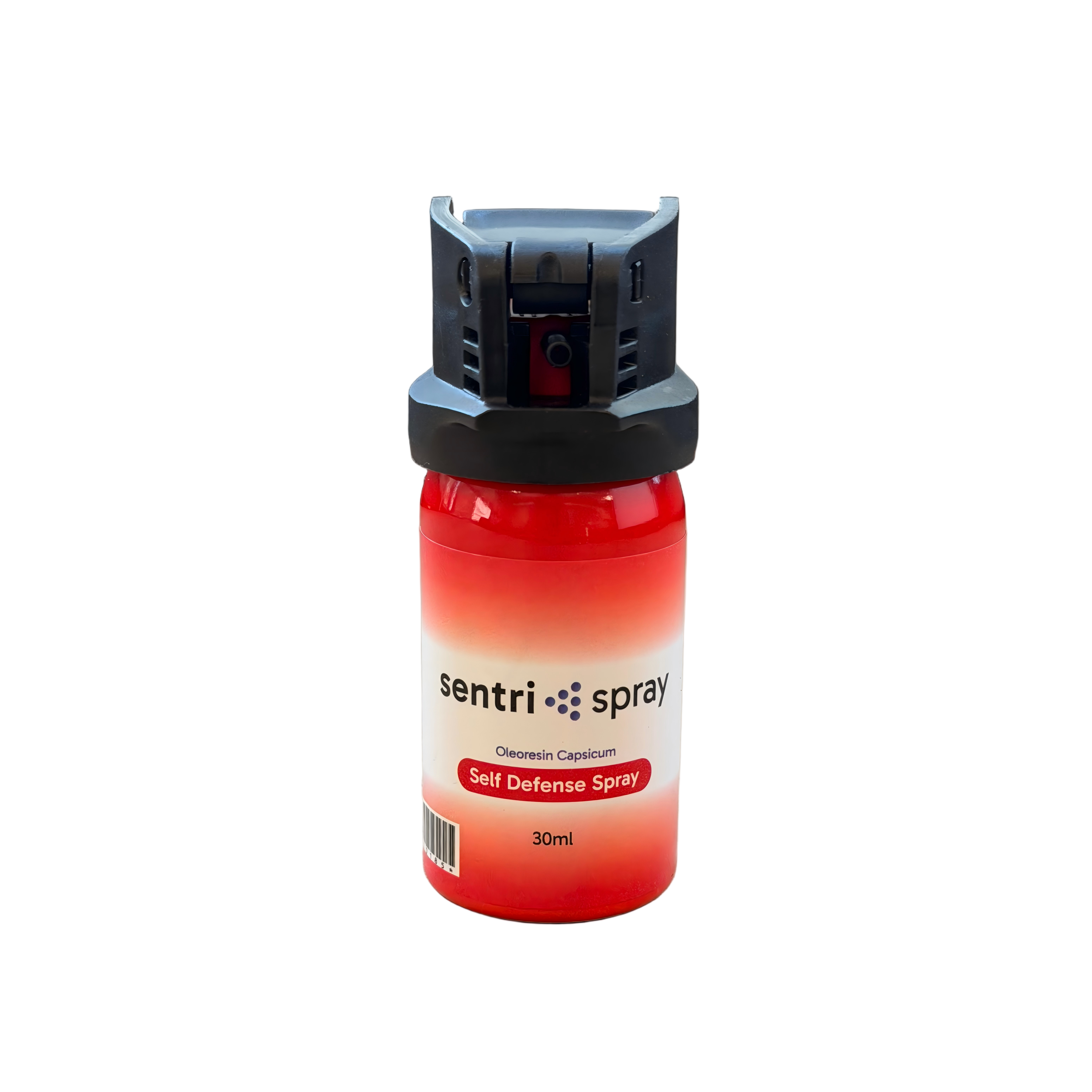 One 30ml red-to-white self-defense spray canister with a black flip-top safety and "sentri spray" label.
