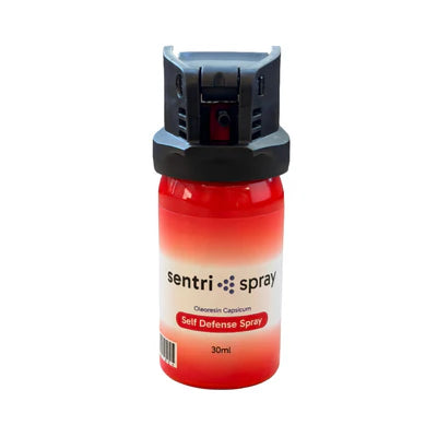 Single 30ml red gradient canister with black flip-top safety cap and white Sentri Spray label.