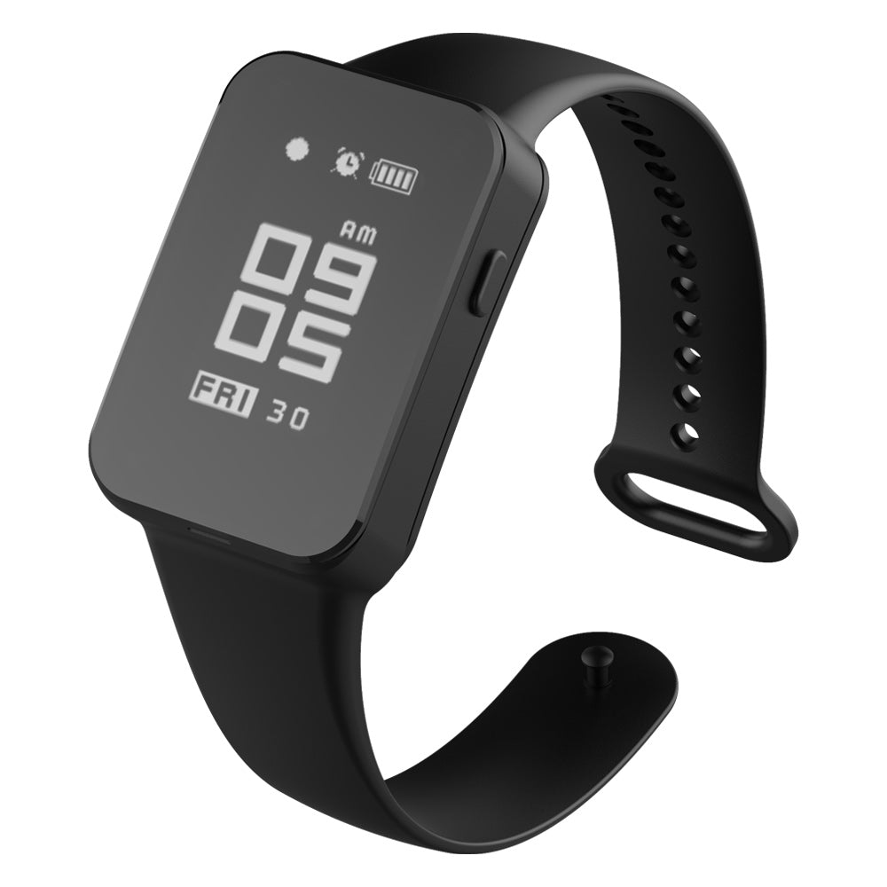 Angled view of the black wrist watch with strap, screen displaying recording icon in top left.