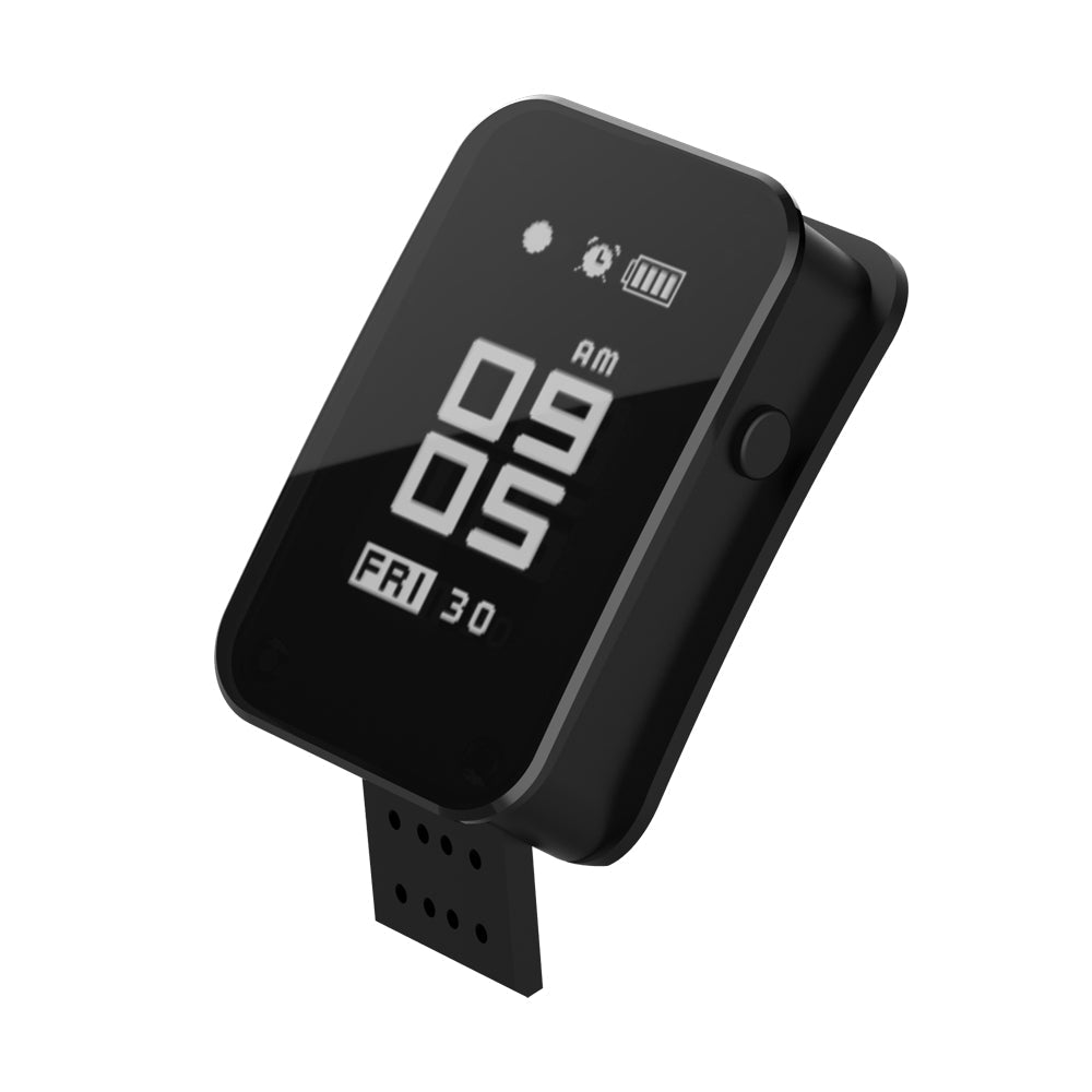 Close-up view of the black wrist watch recorder showing the device showing the internal USB.