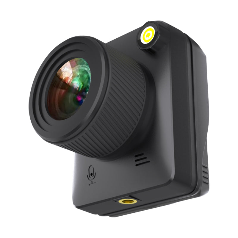 Black compact camera with a large lens, microphone icon, and yellow button, shown against a white background.