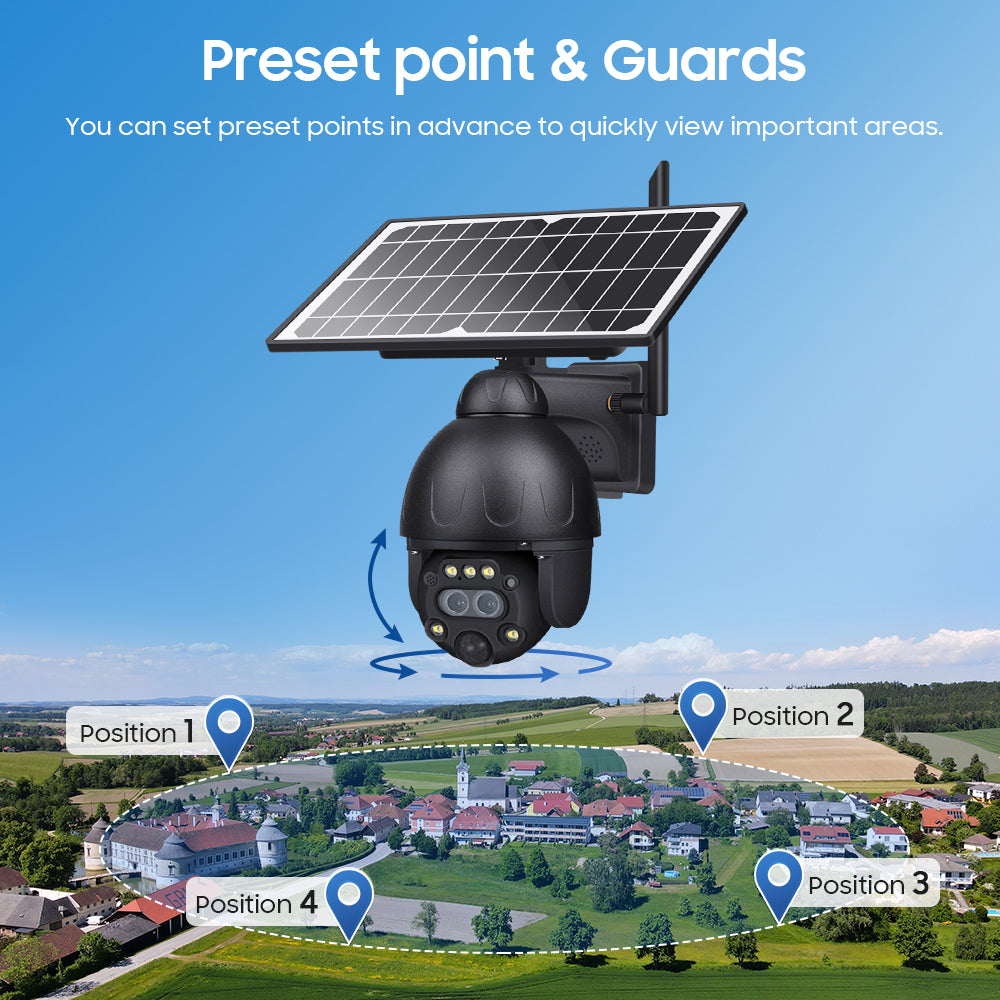 Black dome-shaped solar security camera with a large solar panel mounted above a rural landscape illustration.