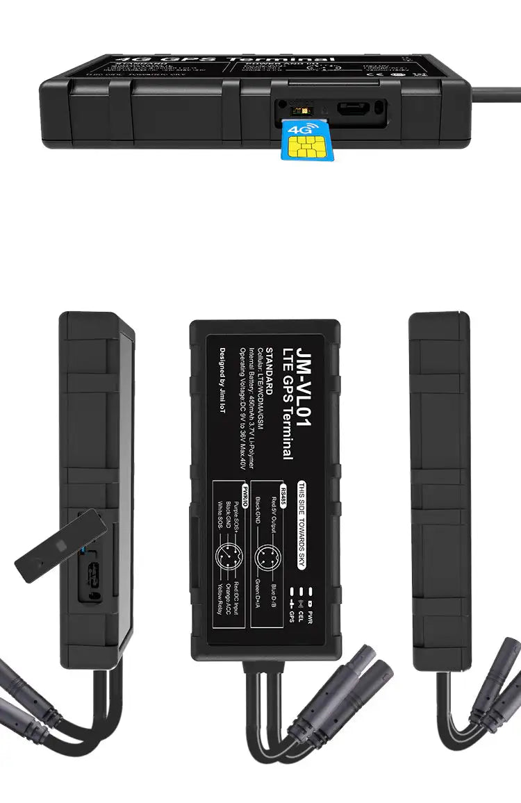 Black GPS Tracker shown with SIM being inserted, and multiple displays of the various angles of the device. - Sentriwise