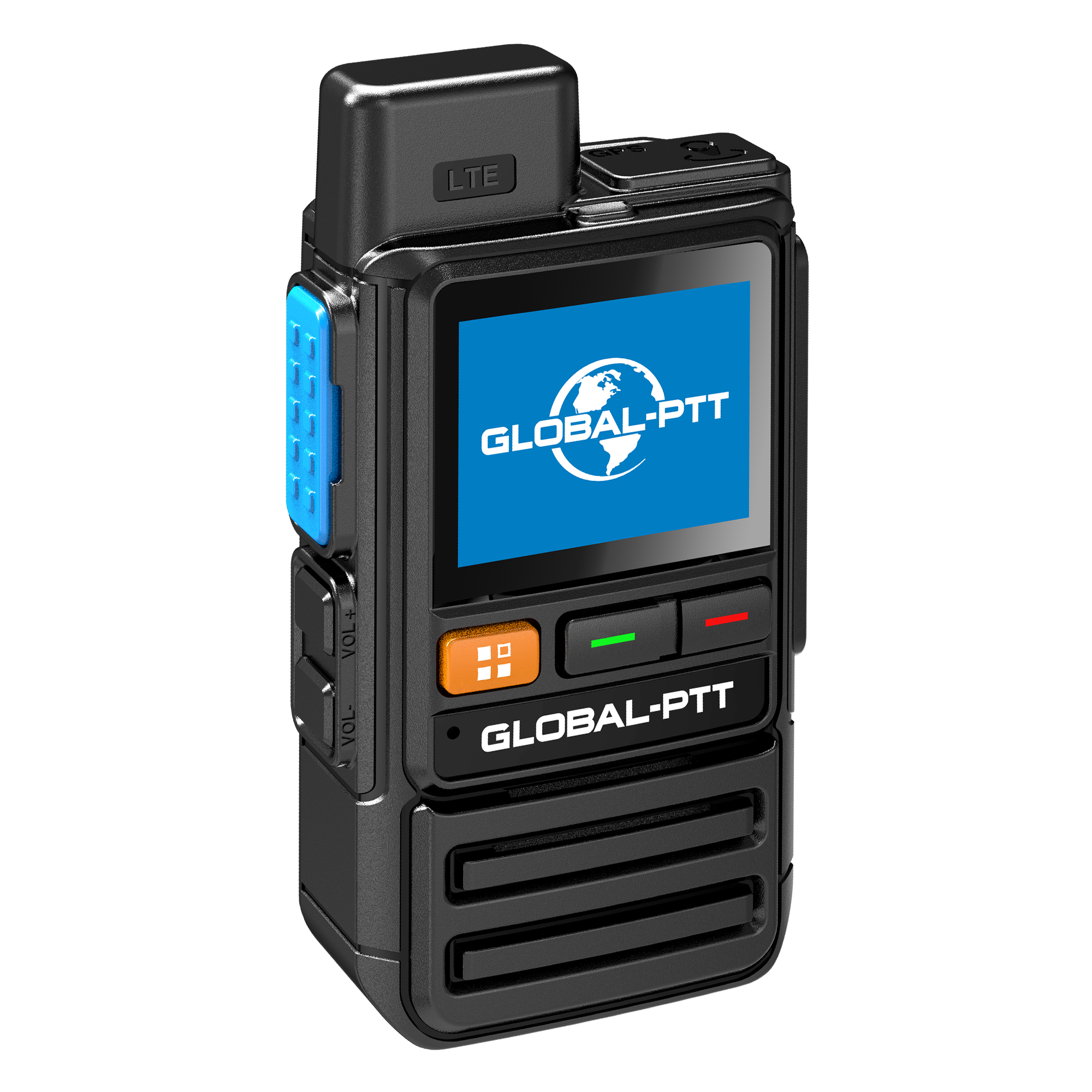 One black handheld LTE two-way radio with blue GLOBAL-PTT screen, blue side button and speaker grille.