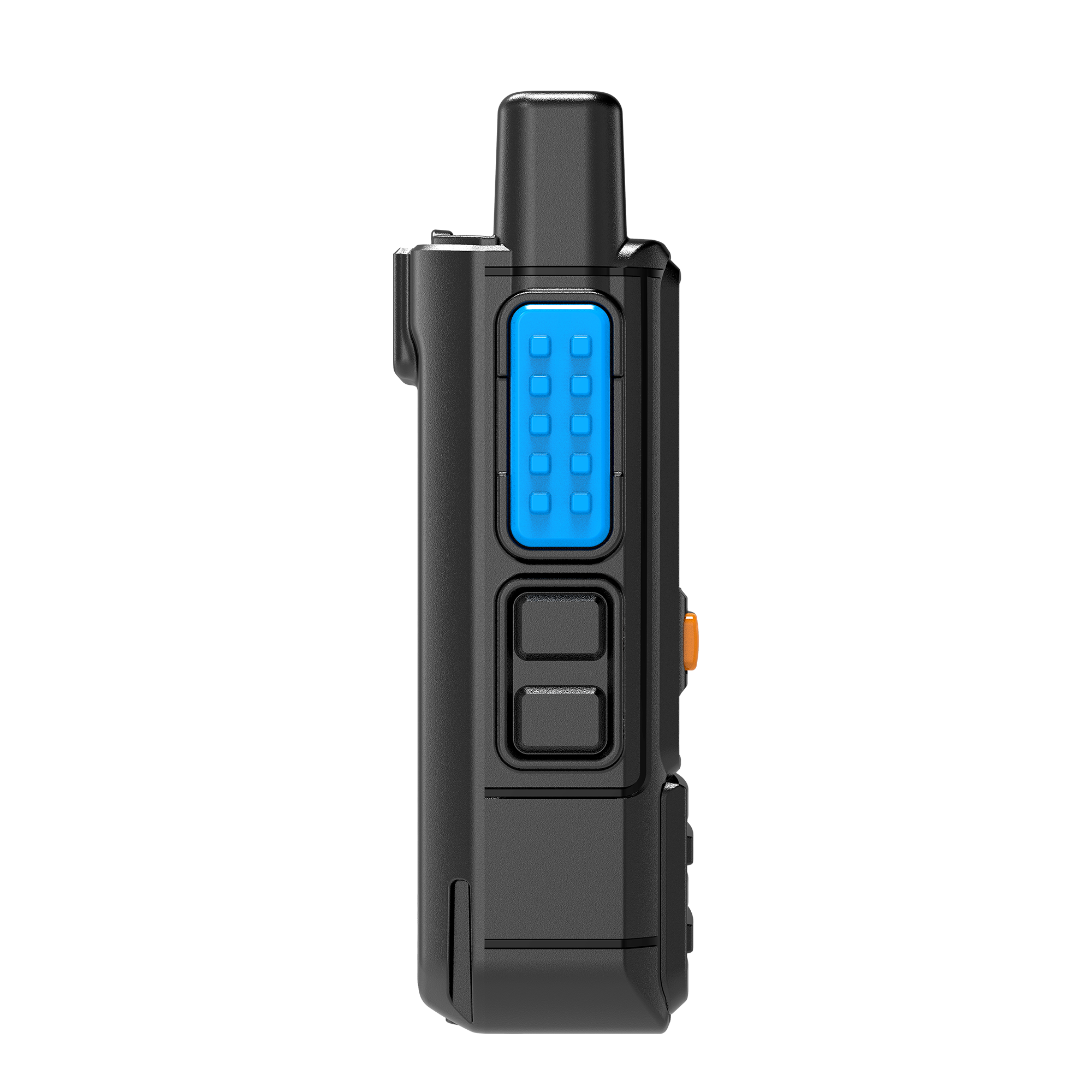 One black radio side view with short antenna, blue multi-dot button, two black buttons and orange side button.