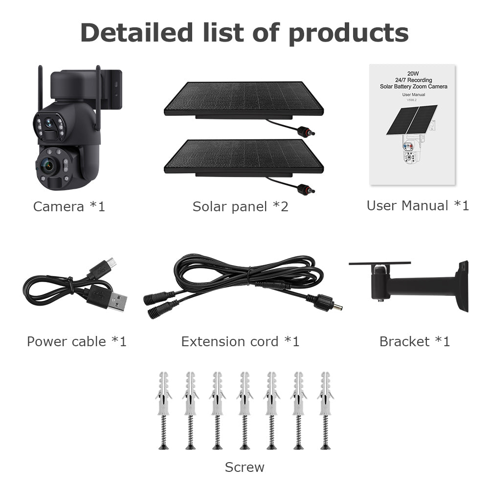 All items included: one black camera, two solar panels, user manual, power cable, extension cord, bracket, and eight screws.