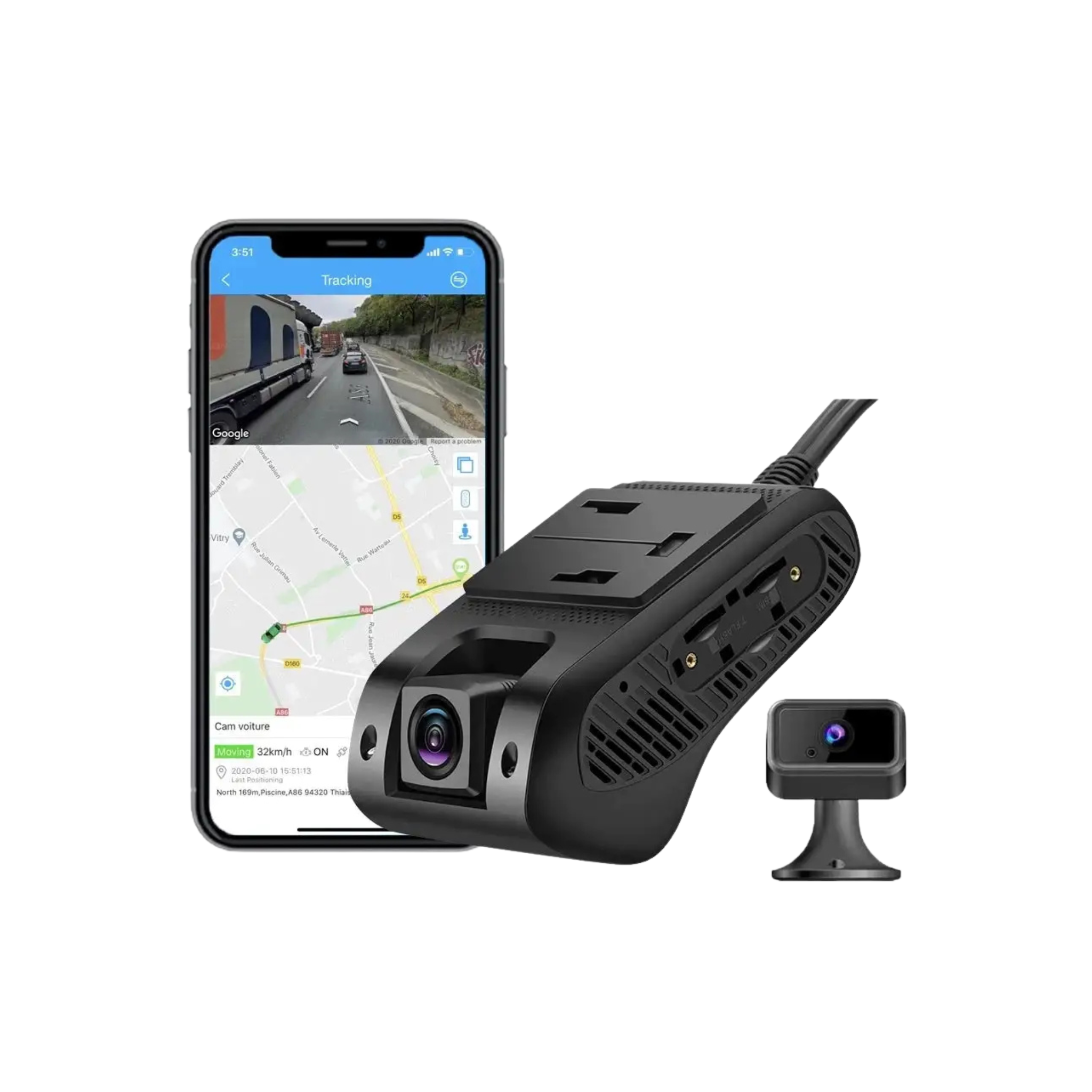 The black front and rear dash cameras positioned beside a mobile phone demonstating the app view. - Sentriwise