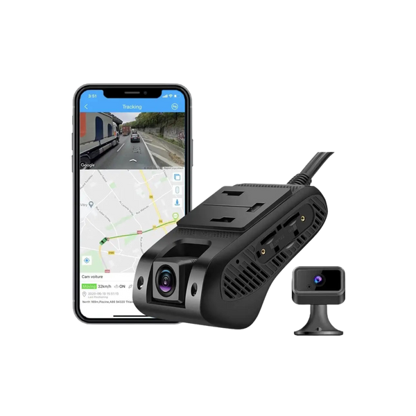 The black front and rear dash cameras positioned beside a mobile phone demonstating the app view. - Sentriwise
