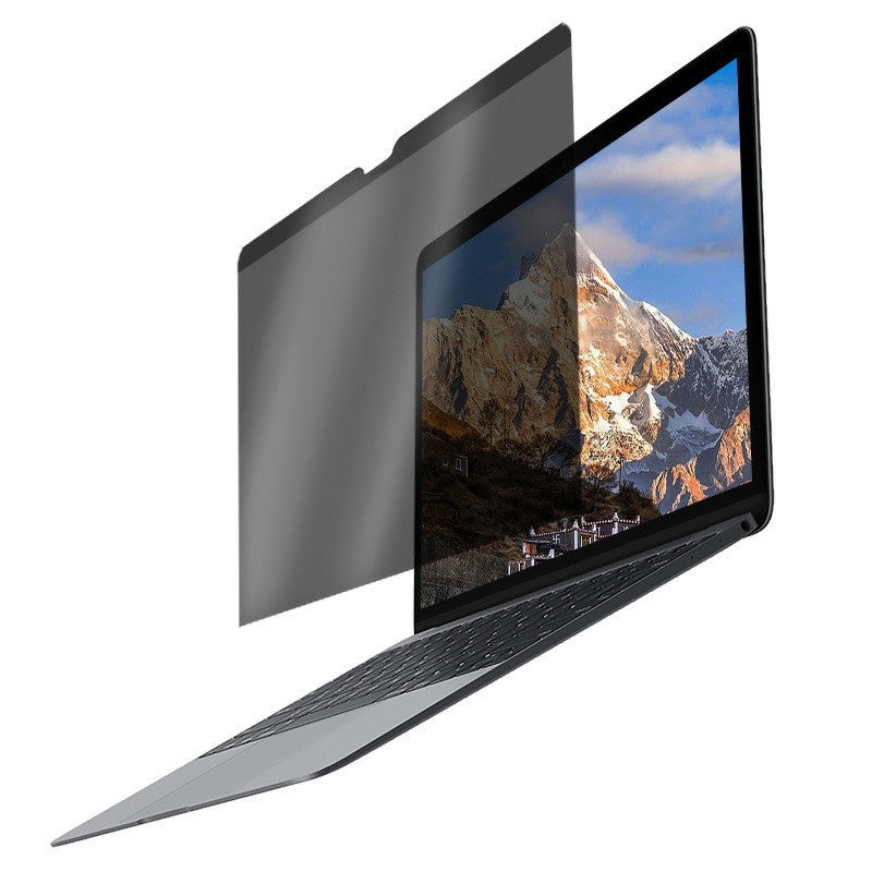 Single dark grey privacy filter floating beside a thin silver laptop displaying a mountain wallpaper.