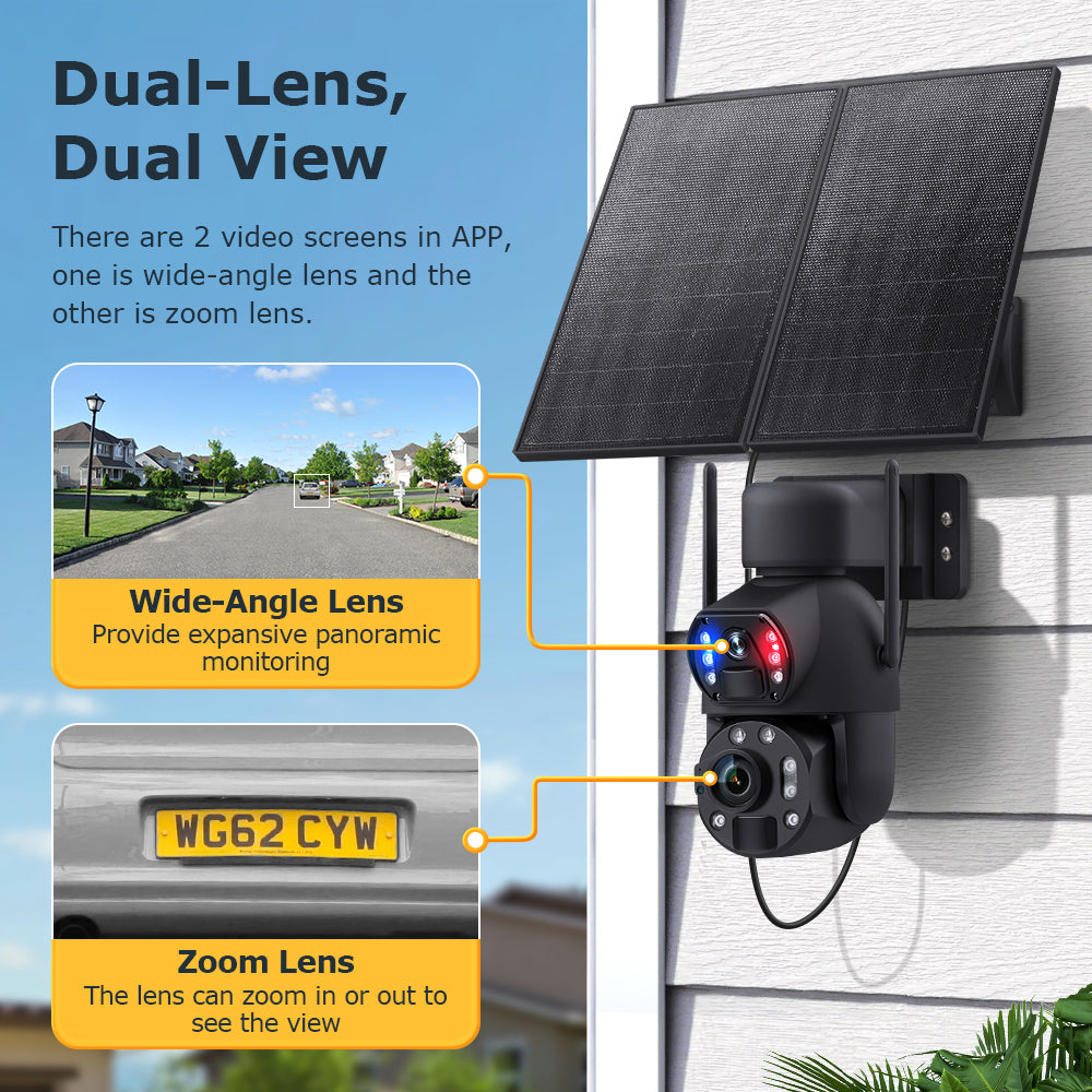 Black dual-lens security camera with solar panels mounted on a wall, showing wide-angle and zoom lens views.