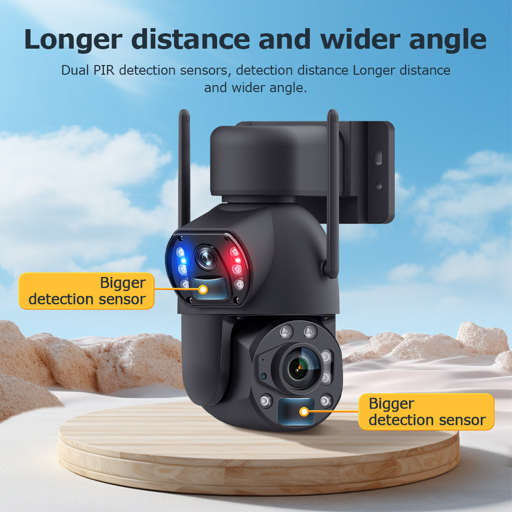 Single black dual-lens security camera with antennas and LED lights, mounted on a round wooden platform.