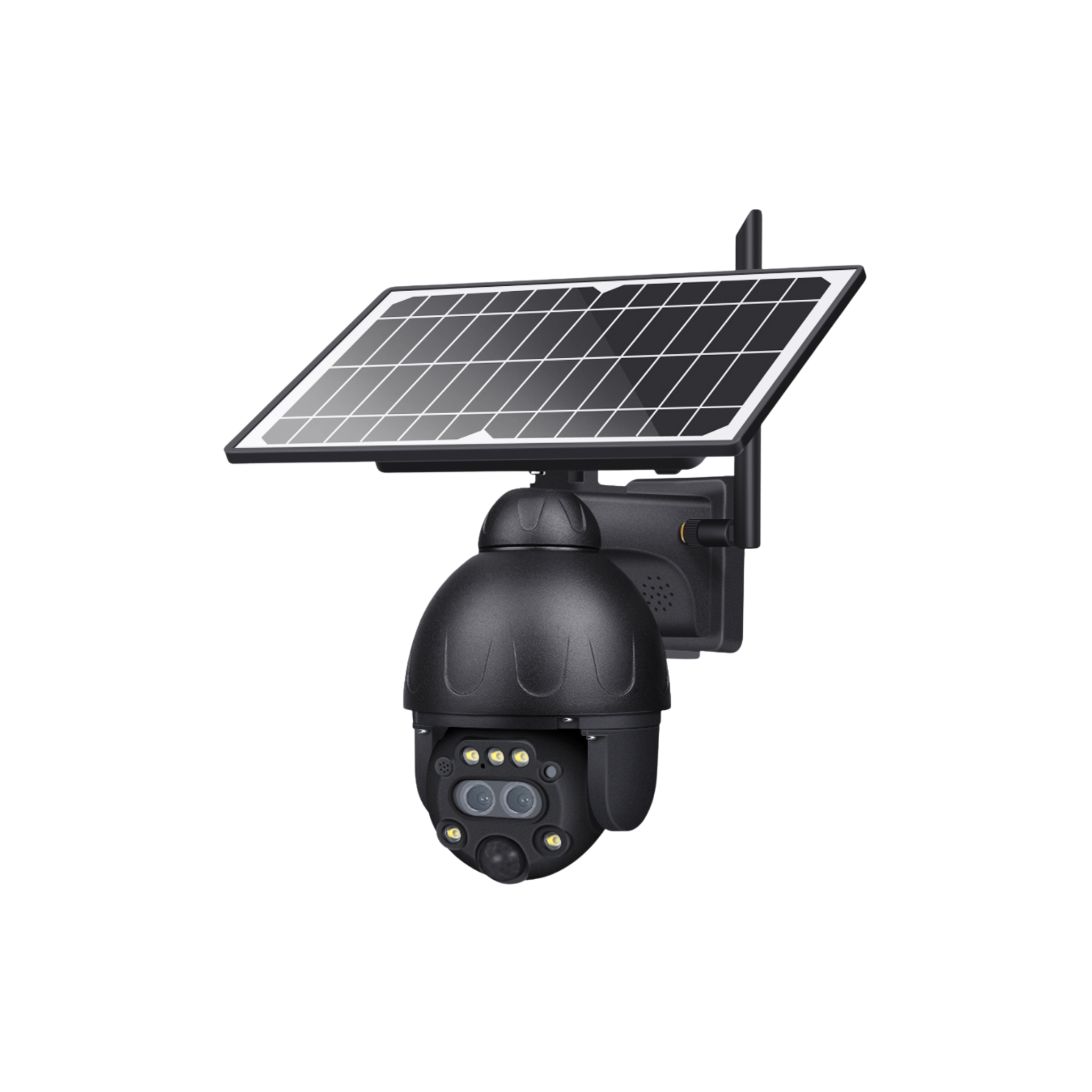 Black dome-shaped security camera with attached rectangular solar panel and visible LED lights, wall-mounted.