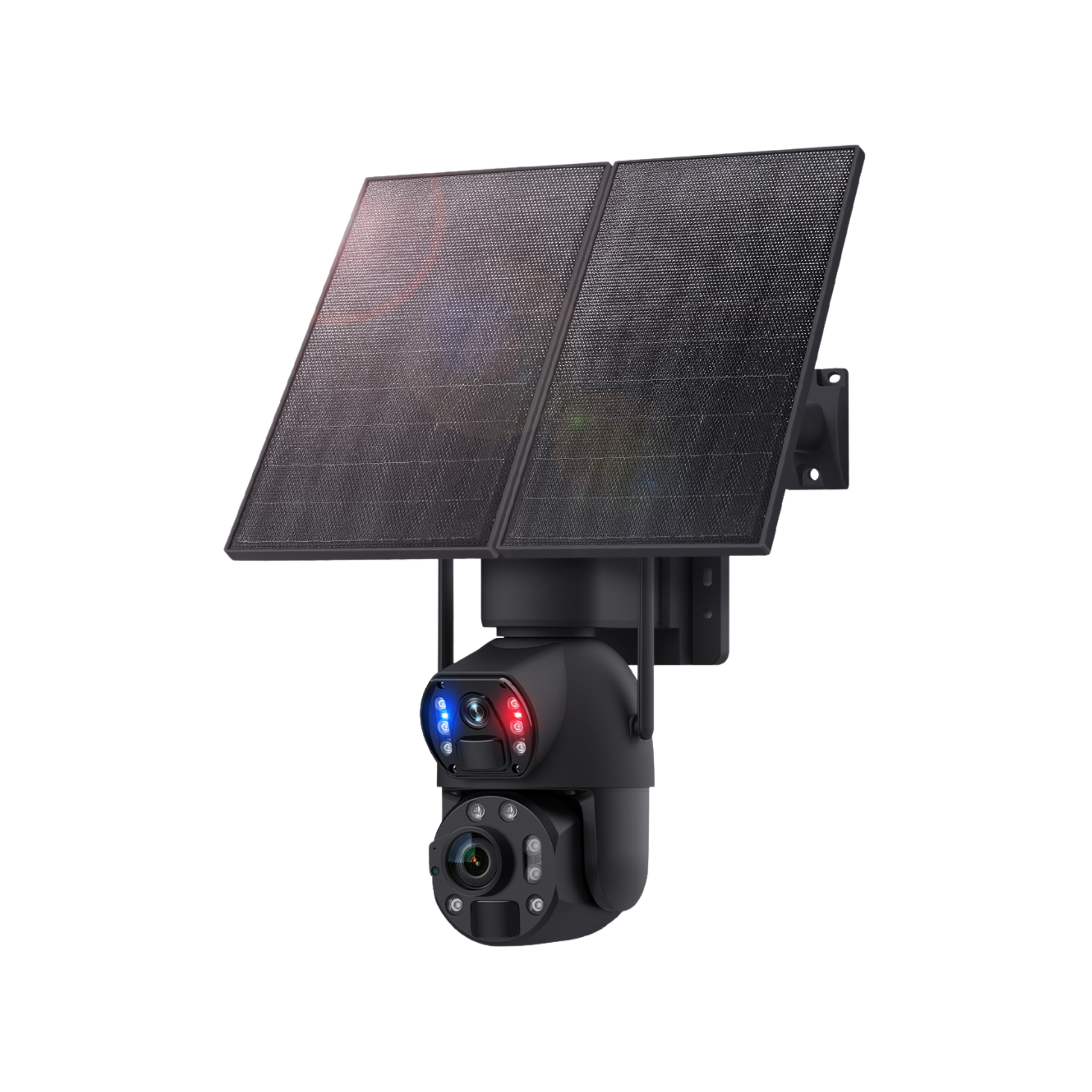 Black dual-lens security camera with two large solar panels, red and blue indicator lights, wall mount.