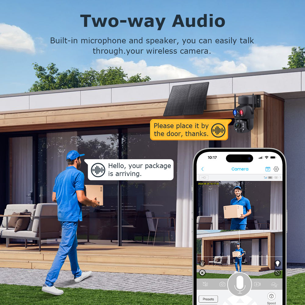 A delivery person in blue uniform holding a box approaches a house, viewed by a solar security camera.