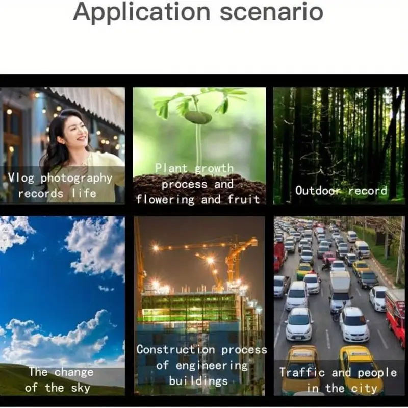 Six square photos showing vlog photography, plant growth, forest, sky, construction site, and city traffic.