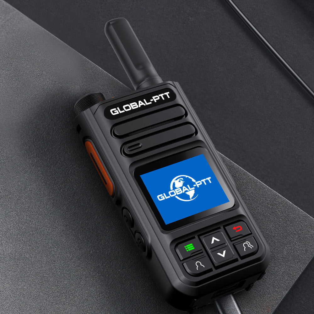 One black handheld radio with antenna, orange side button and blue GLOBAL-PTT screen on dark surface.