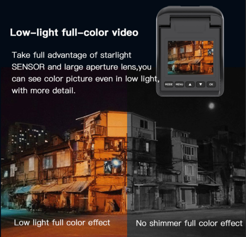 A time lapse camera with a screen showing a color night image, next to split images of a building at night.