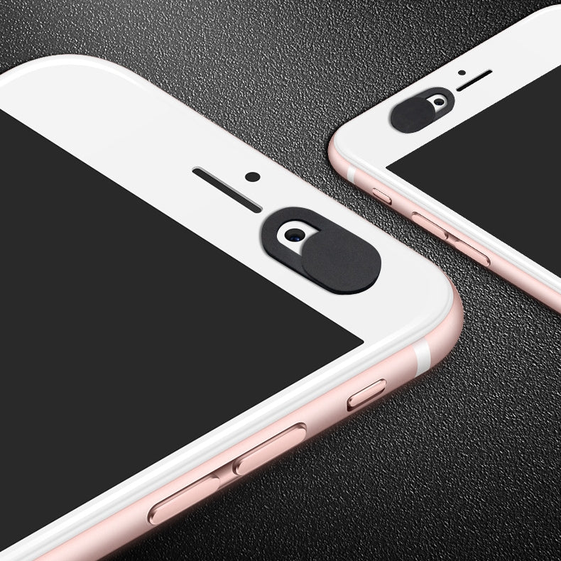 Two white smartphones with rose gold edges, each featuring a black sliding webcam cover over the front camera.