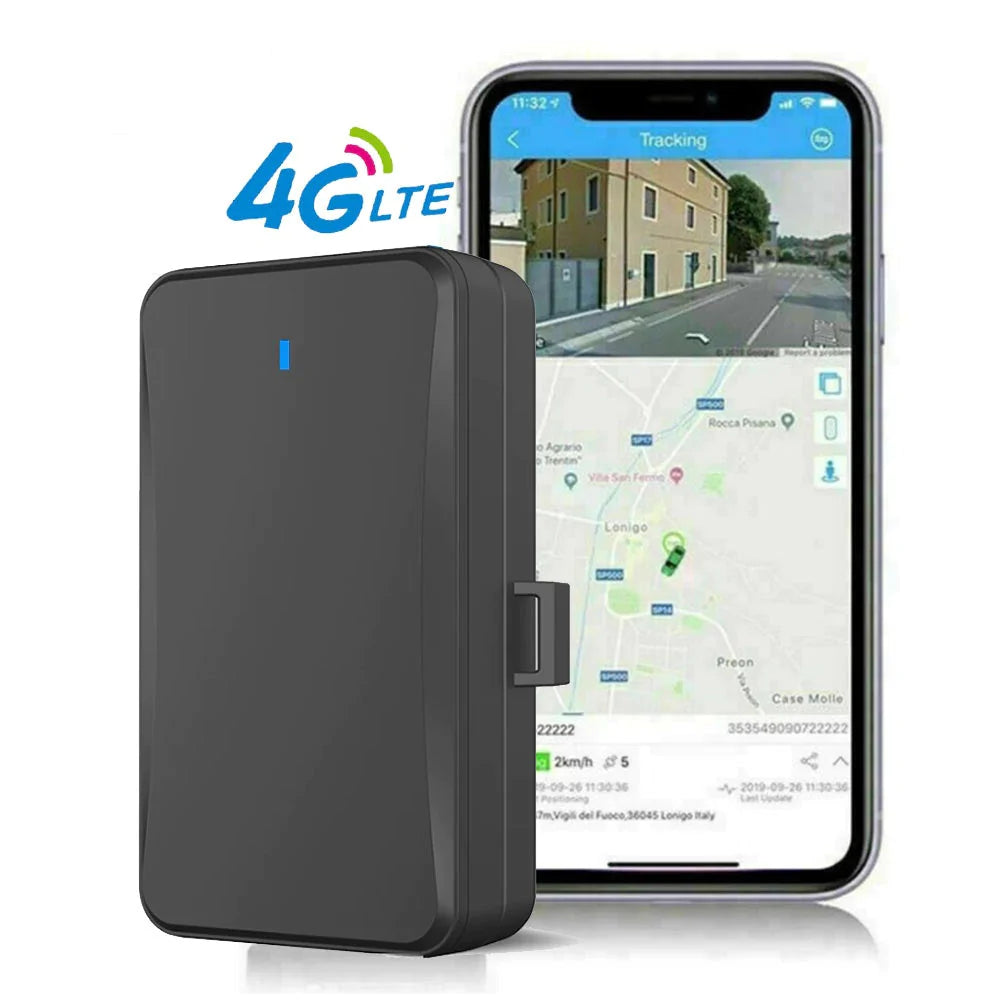 A matte black GPS Tracker standing upright beside a smartphone displaying the Tracksolid Pro app. - Sentriwise