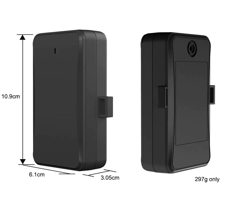 A matte black GPS Tracker standing upright at two angles showing product dimensions. 10.9cm x 6.1cm x 3.05cm - Sentriwise