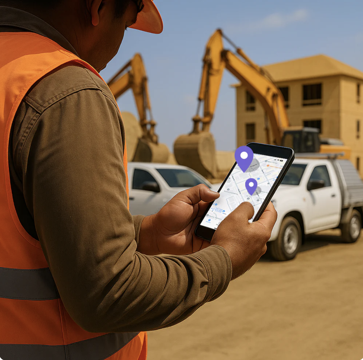 One worker in orange vest holding smartphone showing map with two purple pins, white pickup and excavators.
