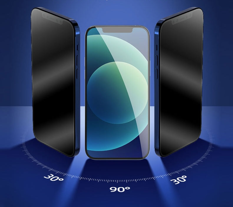 Three blue-framed smartphones on a blue background: center shows a bright circular wallpaper, two side phones angled with black privacy screens.