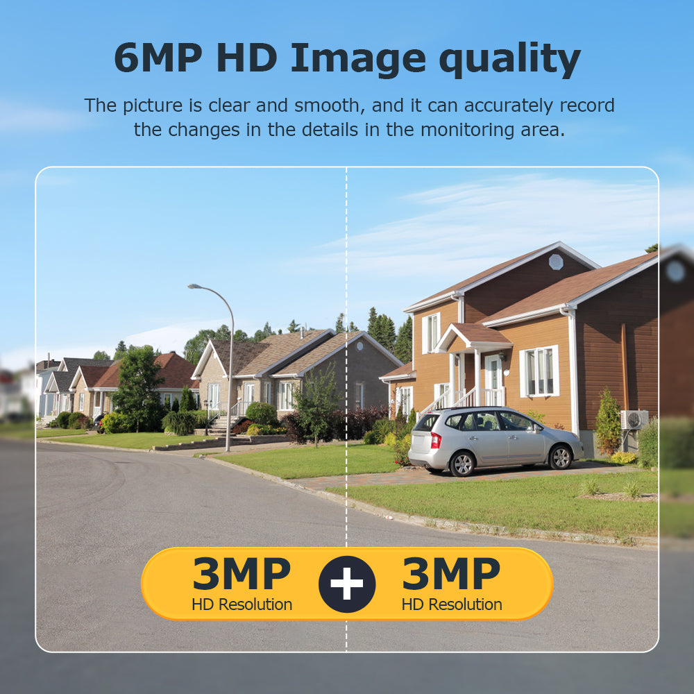 Street view of suburban houses with a silver car parked, showing image quality split comparison.