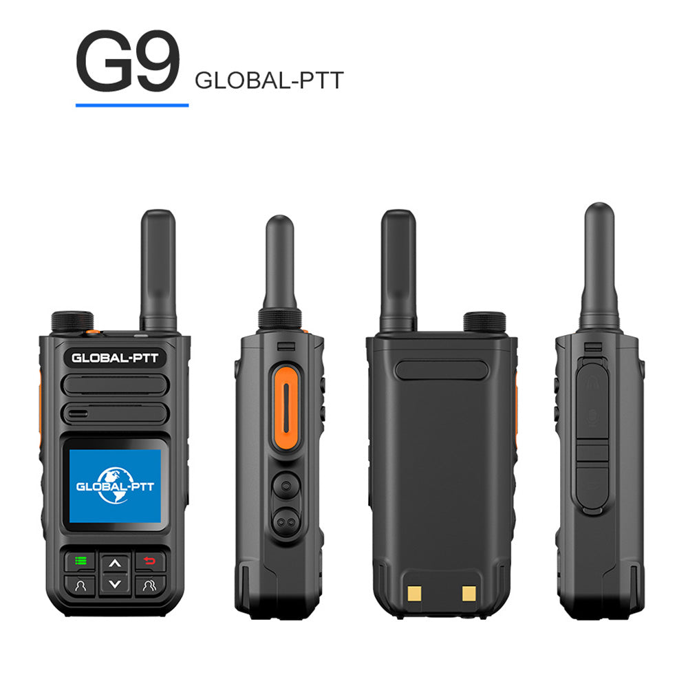 Four views of a black G9 two-way radio with antenna, blue screen logo and orange side PTT button.