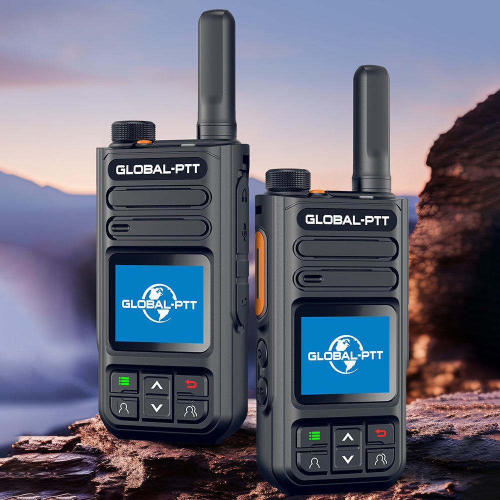 Two black handheld radios with antennas showing blue GLOBAL-PTT screens and front buttons on rock.