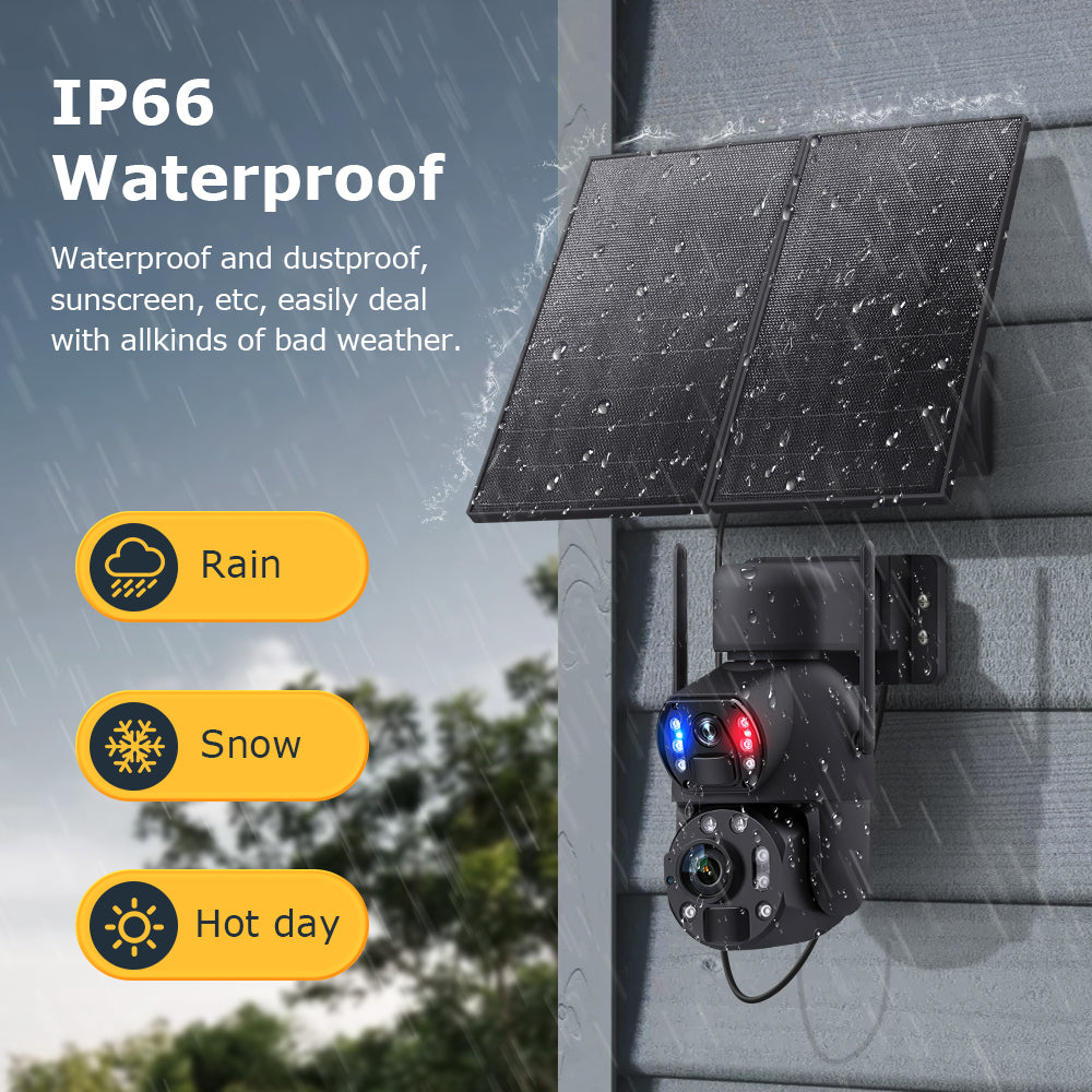 A single black dual-lens security camera with solar panel mounted on a wall in rainy weather.
