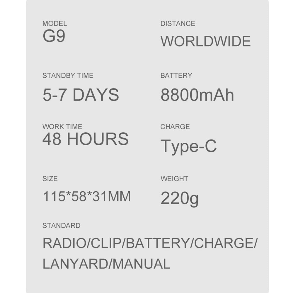 Grey spec card reading "Model G9", "Distance WORLDWIDE", 8800mAh battery, Type-C, 115×58×31mm, 220g.