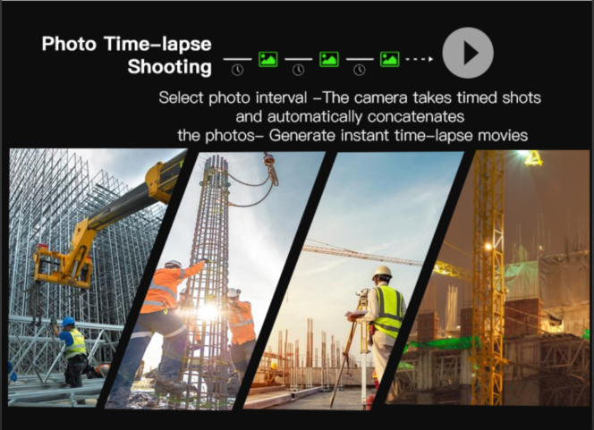 Four construction scenes featuring workers and cranes at different sites, shown in angled photo panels.