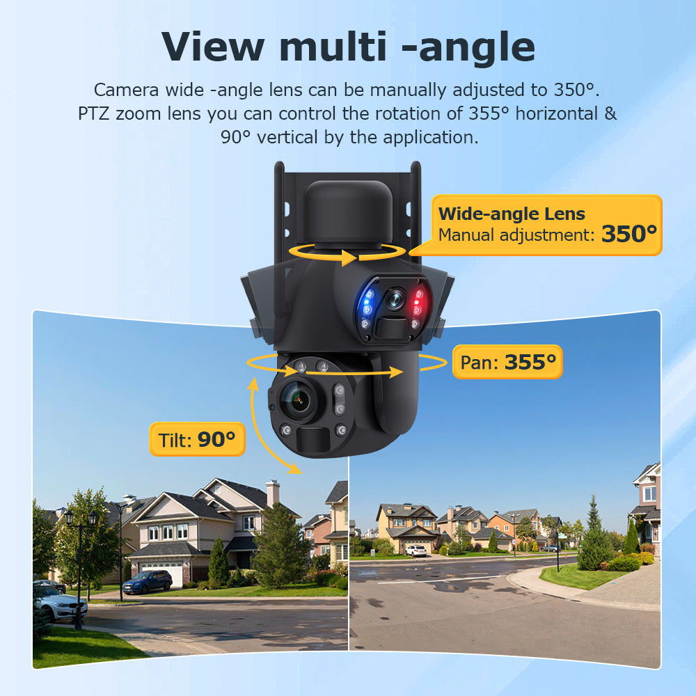 Black dual-lens PTZ security camera with red and blue lights, showing tilt, pan, and wide-angle lens ranges.