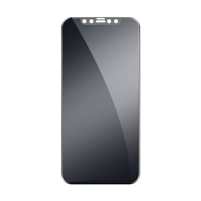 Single dark-tinted smartphone screen protector with rounded corners and five top cutouts on white.