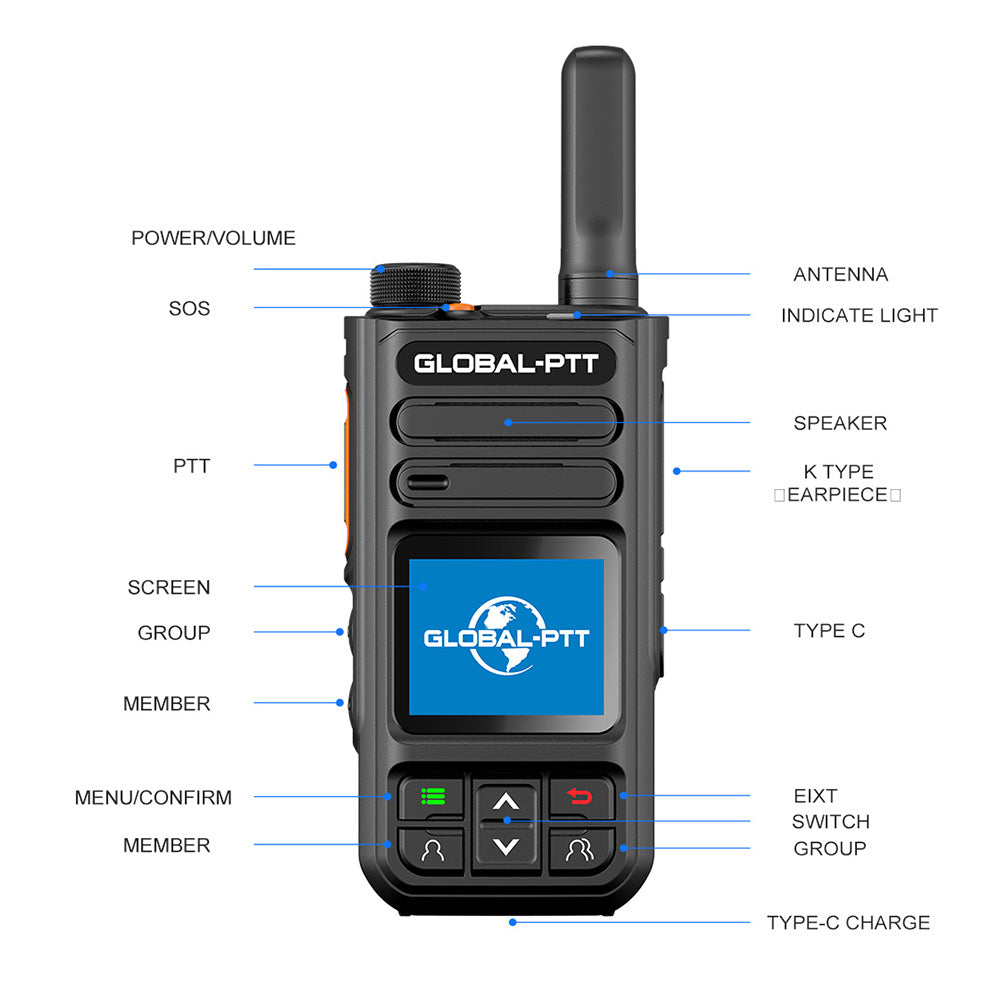 One black handheld radio, front view: short antenna, blue screen with GLOBAL-PTT logo, speaker and orange PTT.