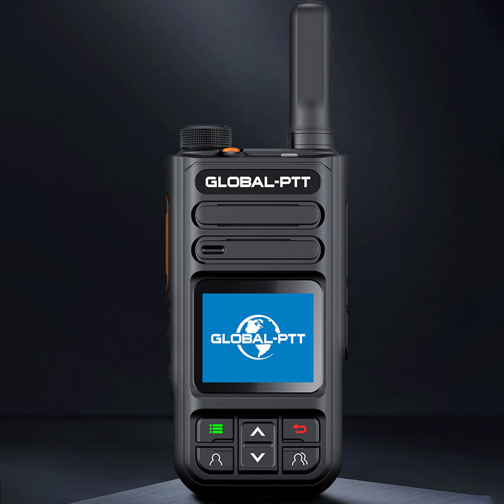 Single black handheld two-way radio with antenna, top rotary knob, blue GLOBAL-PTT screen and control buttons.