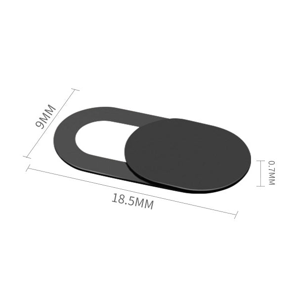 Single black oval webcam cover with sliding circular closure, showing dimensions of 18.5mm x 9mm x 0.7mm.