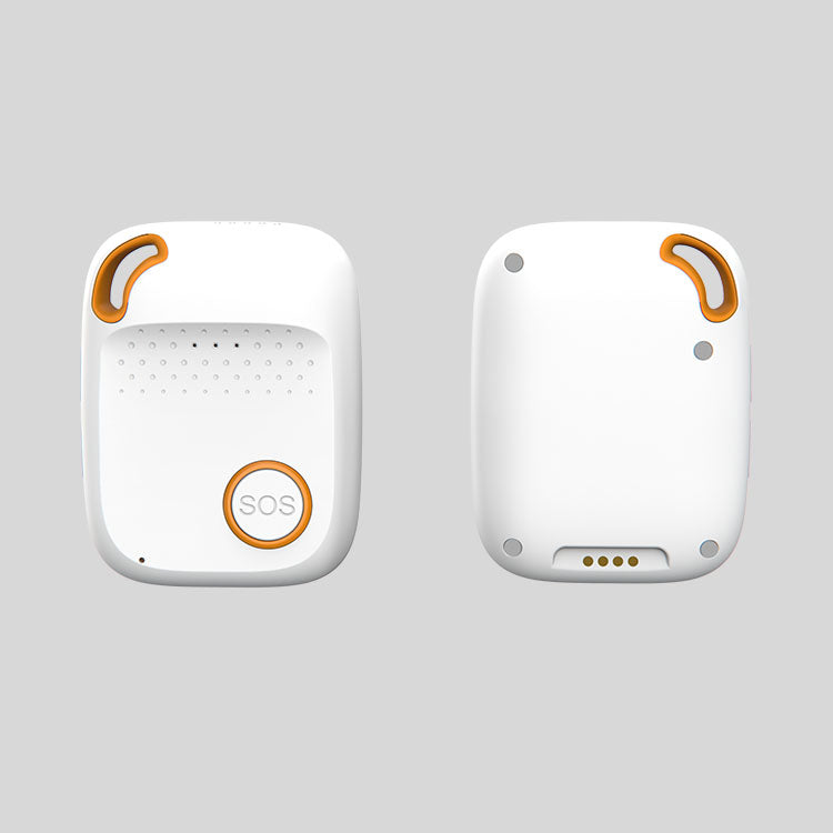 Two white rectangular personal alarm devices with orange accents, shown from front and back on a grey background.