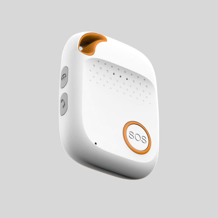 Single white and orange rectangular personal alarm device with large SOS button and two side buttons, on grey background.