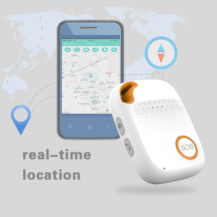 White personal alarm device with orange accents and SOS button shown next to a smartphone displaying a map.
