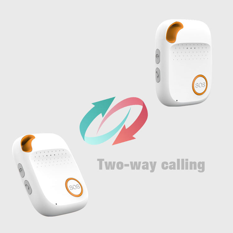 Two white personal alarm devices with orange accents and SOS buttons, shown from two angles on a grey background.